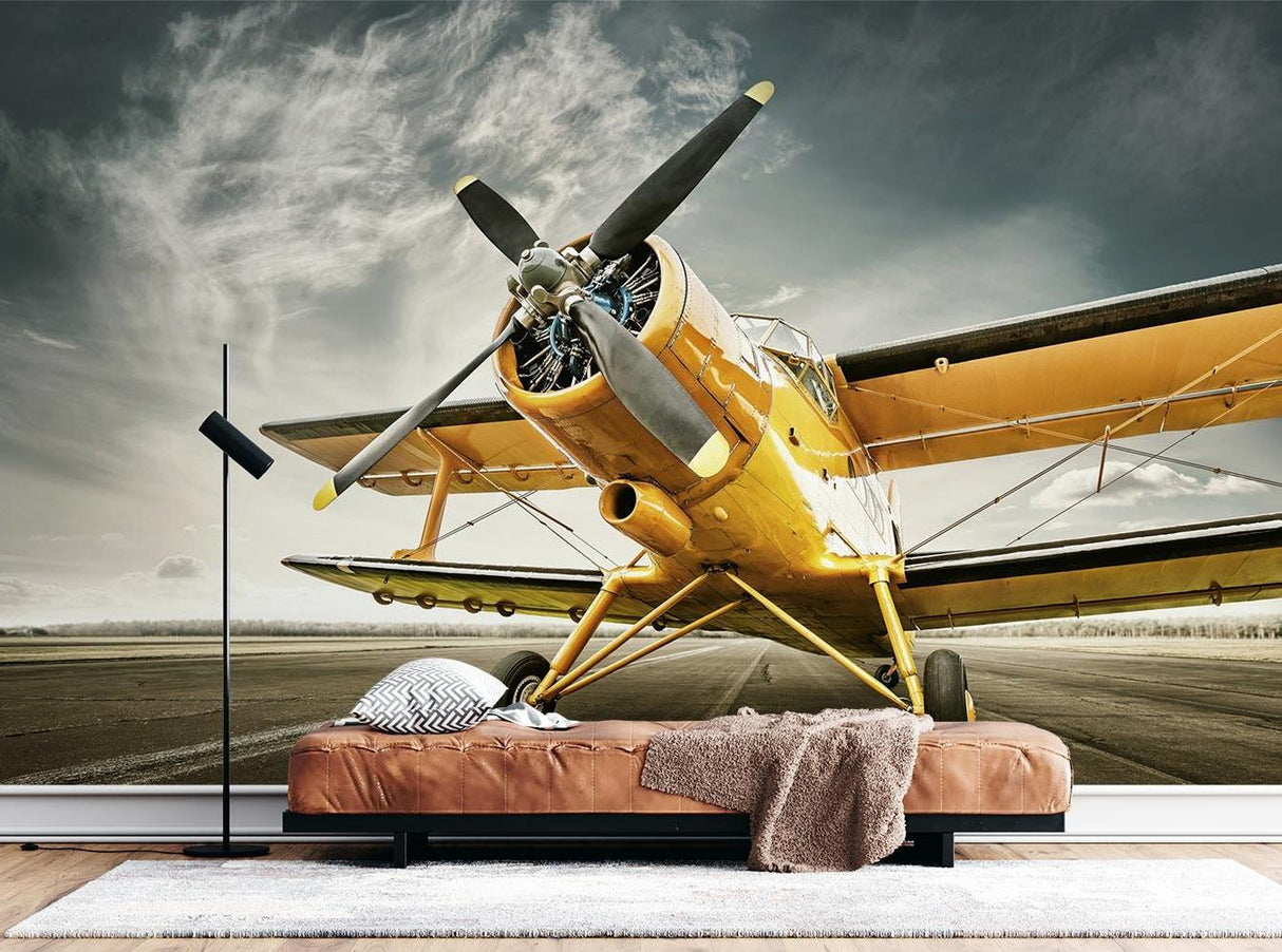 Vintage aircraft wall mural bringing character to an industrial-style bedroom setting