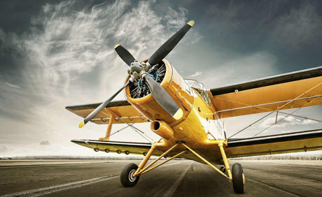 Design file showing detailed vintage yellow aircraft against moody sky pattern