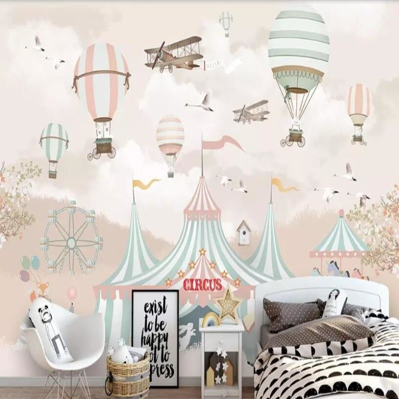 Circus Mural Wallpaper | Vintage Fairground with Hot Air Balloons