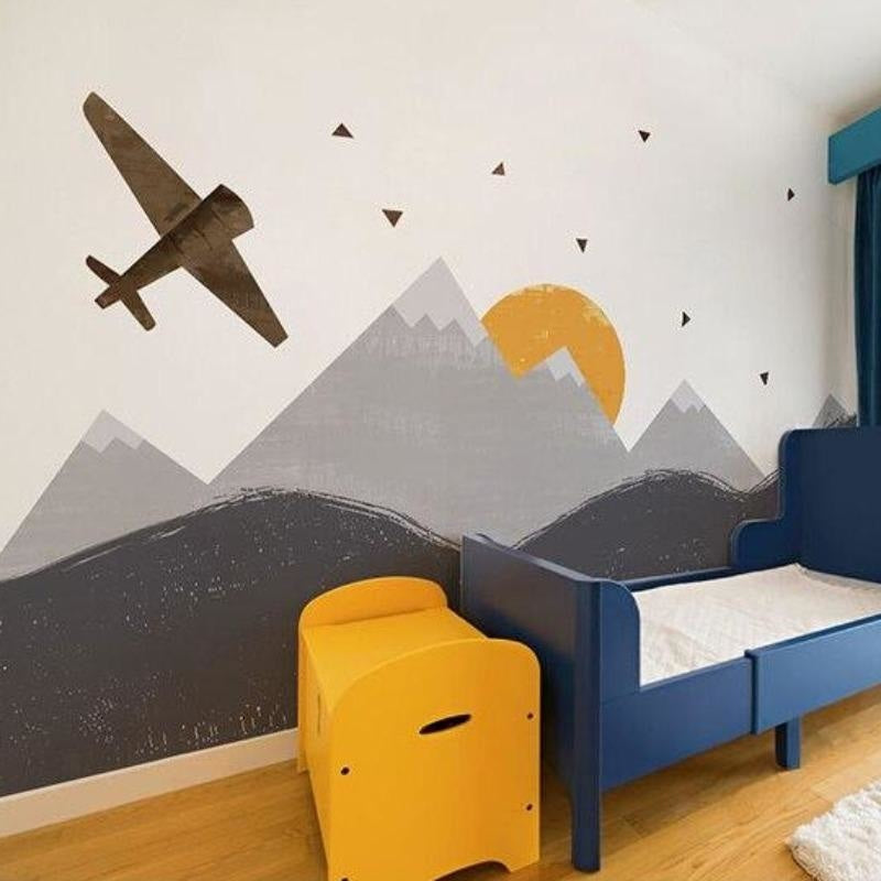 Mountain Mural Wallpaper | Airplane Adventure with Golden Sunset