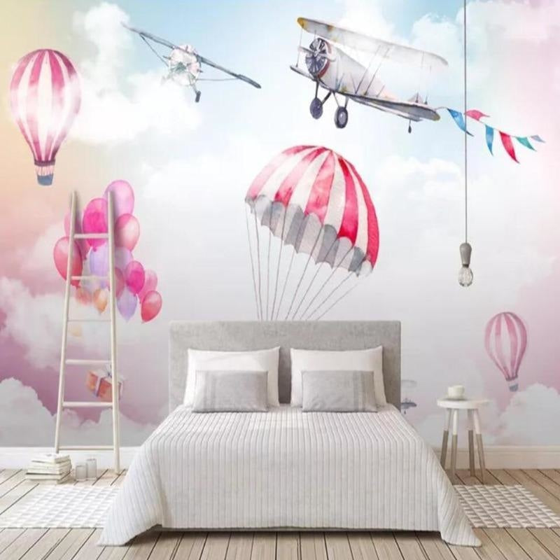 Aviation Mural Wallpaper | Pink Hot Air Balloons and Planes
