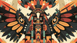Aztec deity design file showing detailed geometric pattern and tribal mask artwork in terracotta and sage green