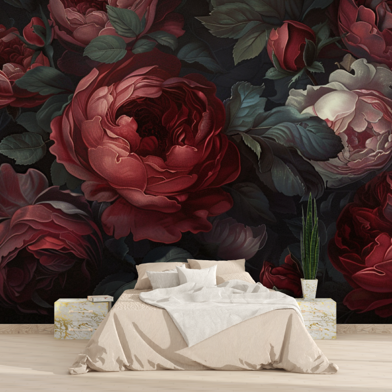 Floral Mural Wallpaper | Dark Red Roses on Black Background