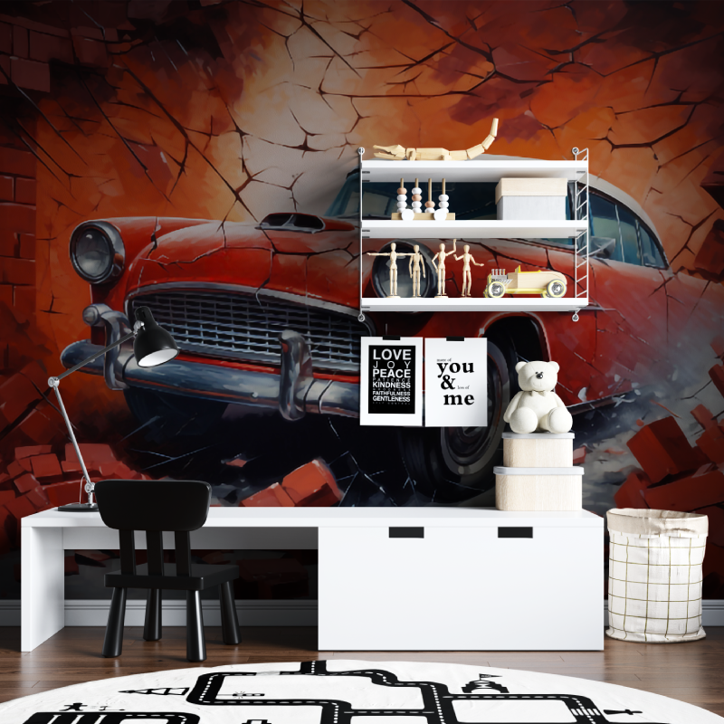 Vintage Car Mural Wallpaper | Classic Red Automobile Through Brick Wall