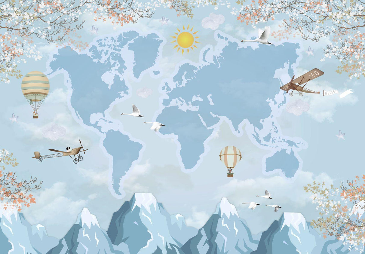 World Map Mural Wallpaper | Adventure Theme with Hot Air Balloons