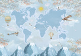 World Map Mural Wallpaper | Adventure Theme with Hot Air Balloons