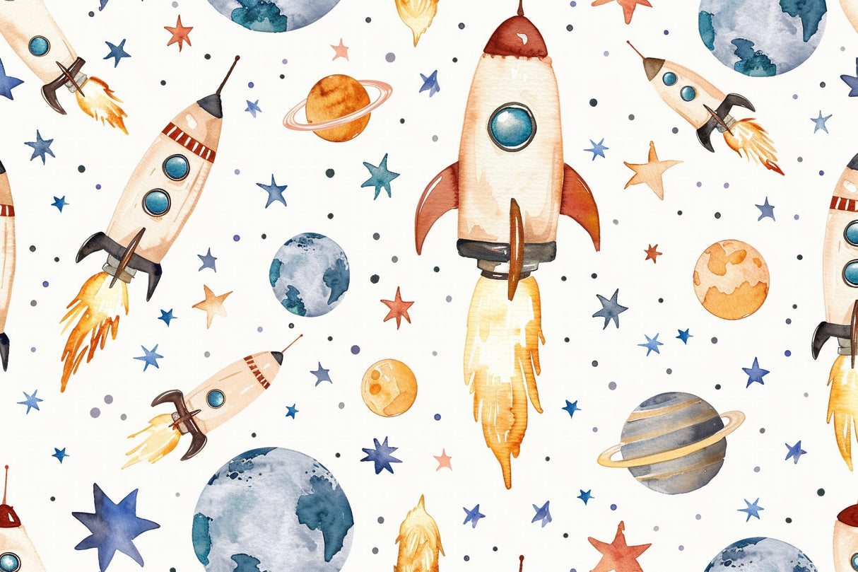 Space Mural Wallpaper | Watercolor Rockets and Planets