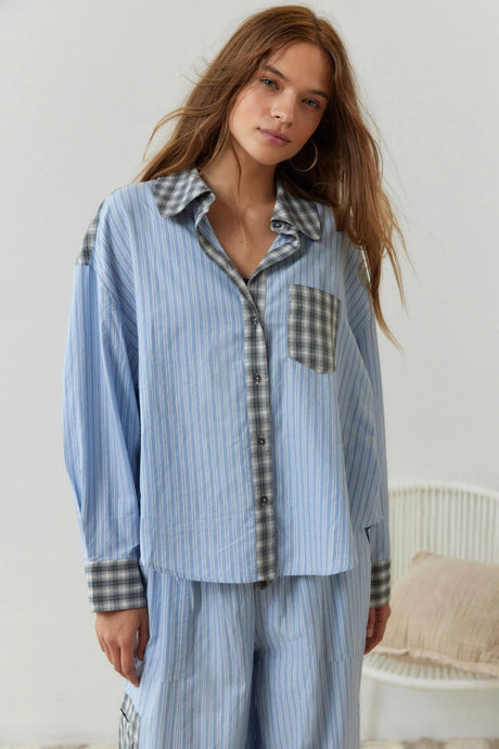 Cotton Blend Pajama Set  Striped Pattern With Plaid Accents - Product showcase
