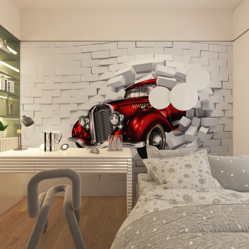 Vintage Car Mural Wallpaper | 3D Red Classic Auto Breaking Through Wall