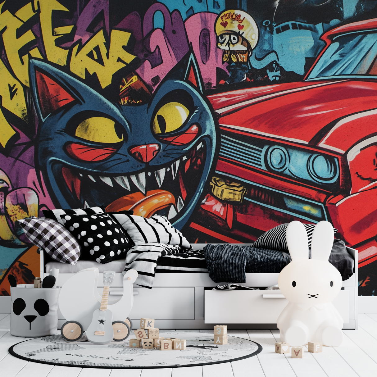 Street Art Mural Wallpaper | Urban Graffiti Cat and Classic Car