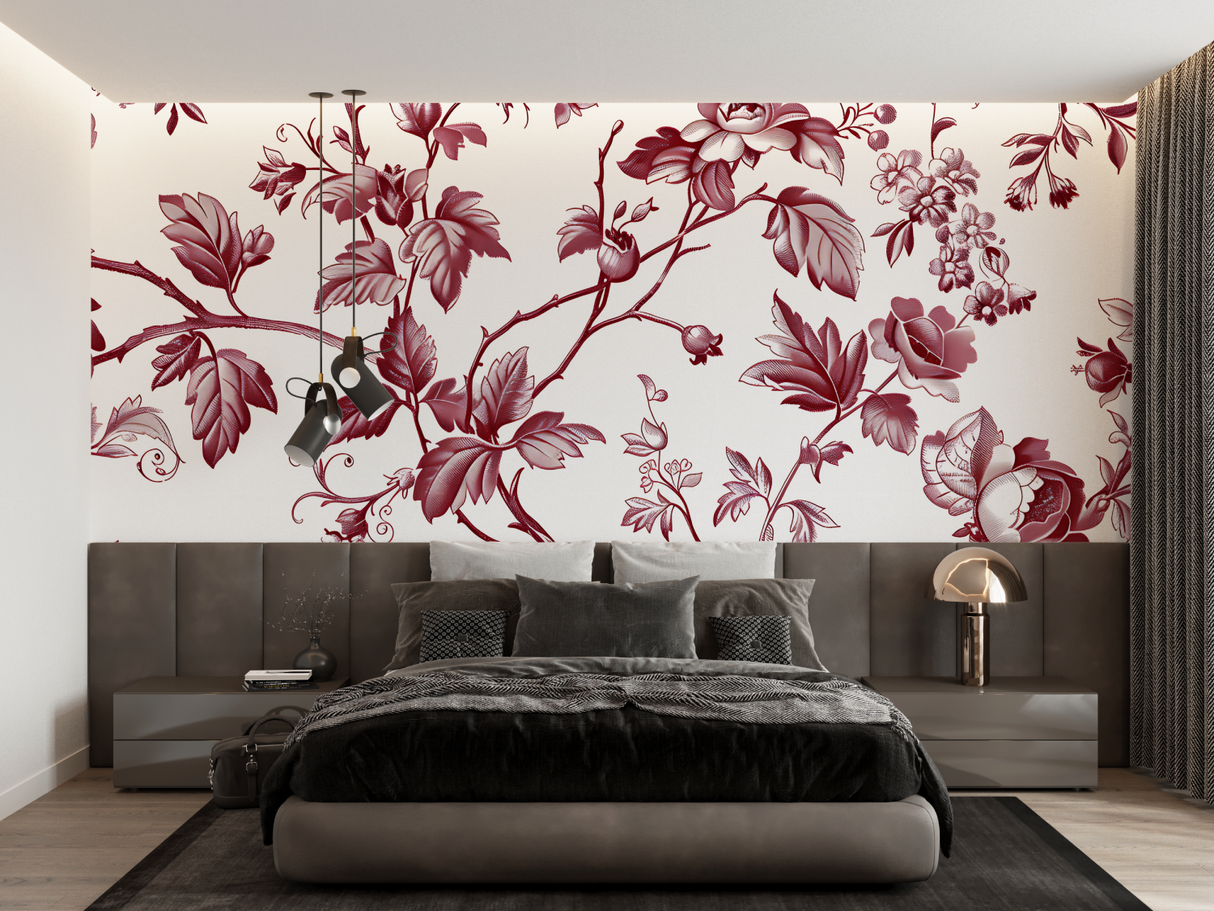 Floral Mural Wallpaper | Vintage Red and White Toile Design