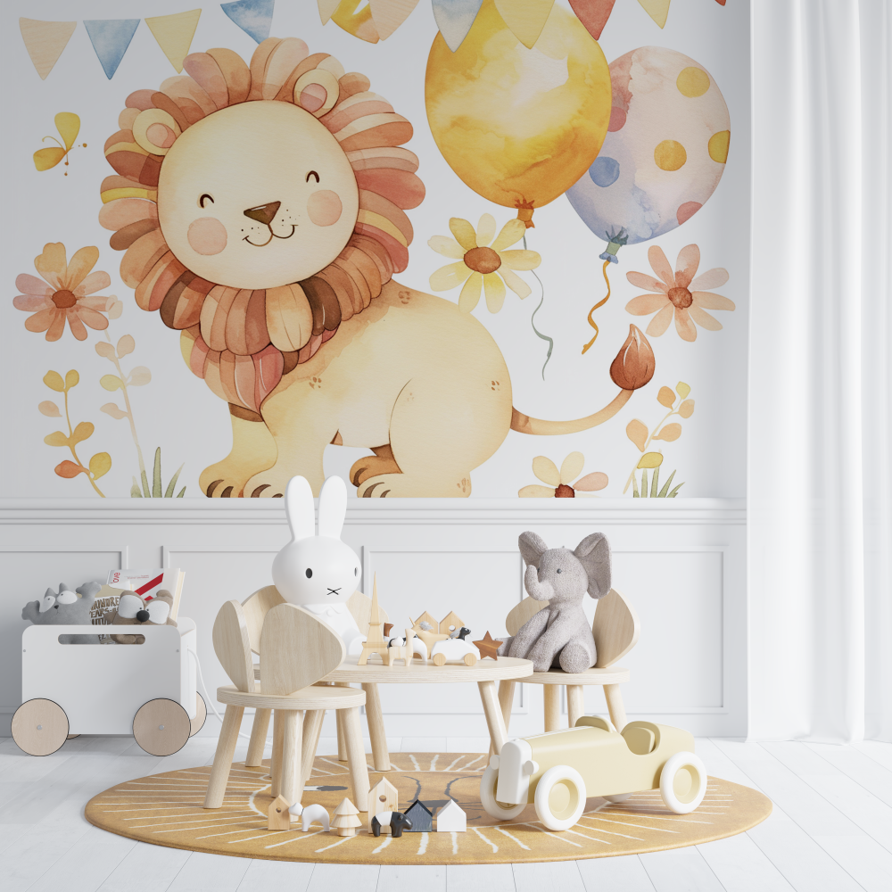 Lion Mural Wallpaper | Cute Safari with Balloons and Flowers