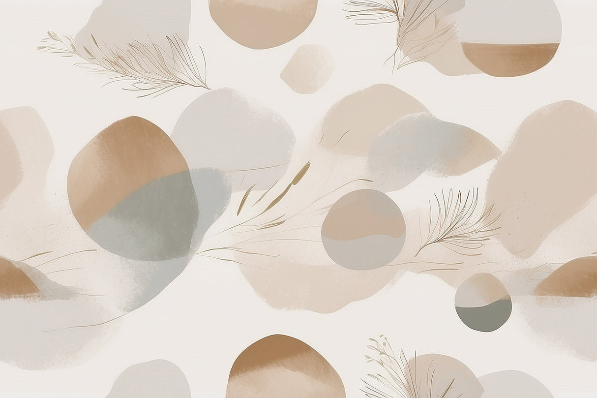 Abstract Mural Wallpaper | Beige Feather and Circles Design