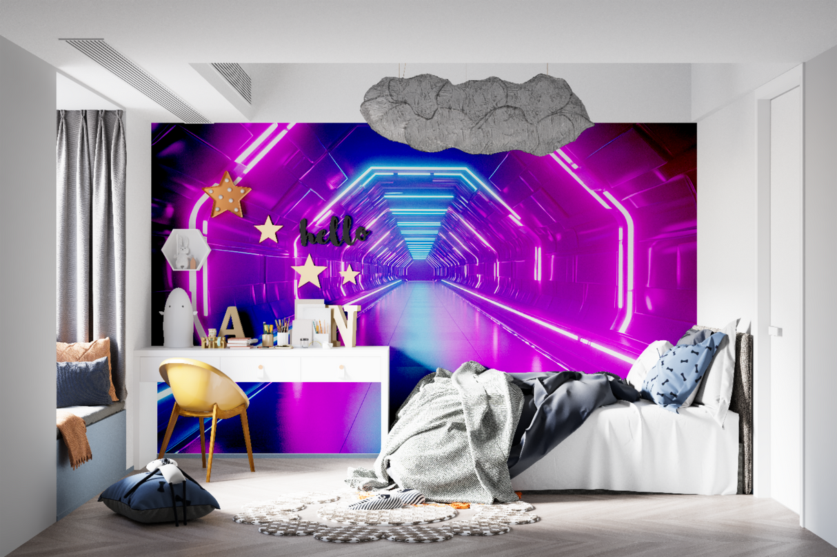 Gaming Mural Wallpaper | Neon Tunnel with Purple and Blue Lights