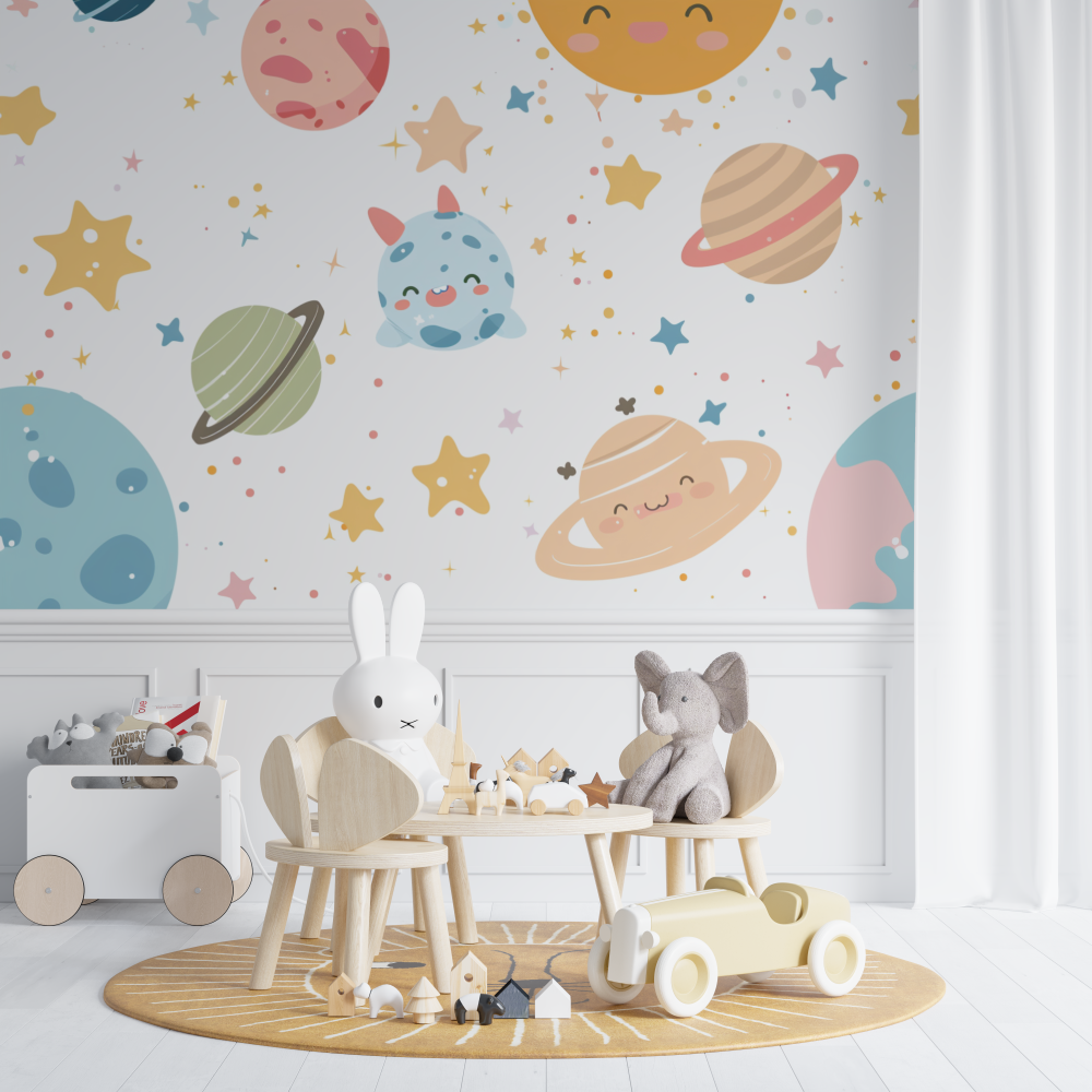 Space Mural Wallpaper | Cute Planets and Stars Design