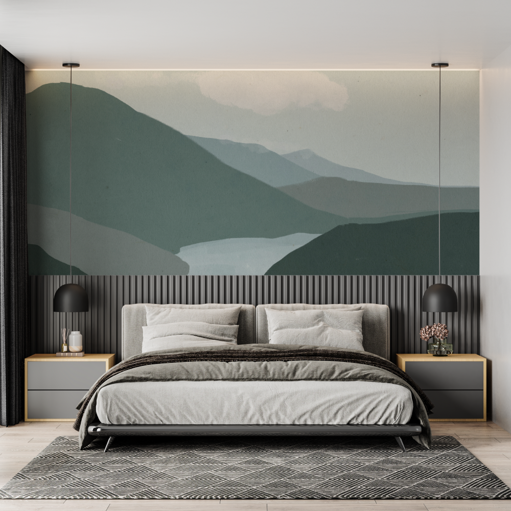 Mountain Mural Wallpaper | Serene Nordic Landscape in Green