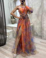 Watercolor Evening Gown  One Shoulder Multicolor Tulle Design - Detailed view