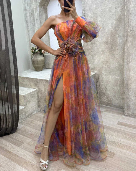 Watercolor Evening Gown  One Shoulder Multicolor Tulle Design - Detailed view