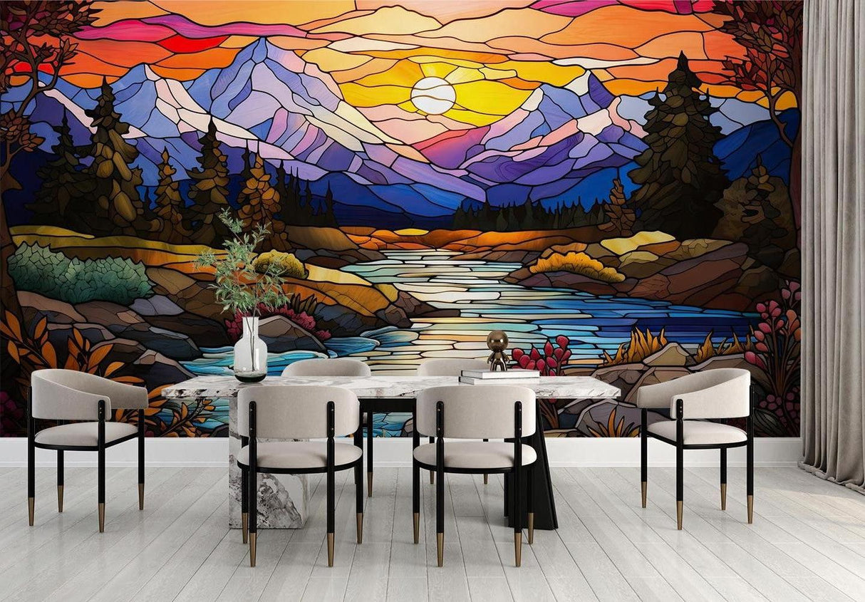 Mountain Mural Wallpaper | Stained Glass Sunset Landscape