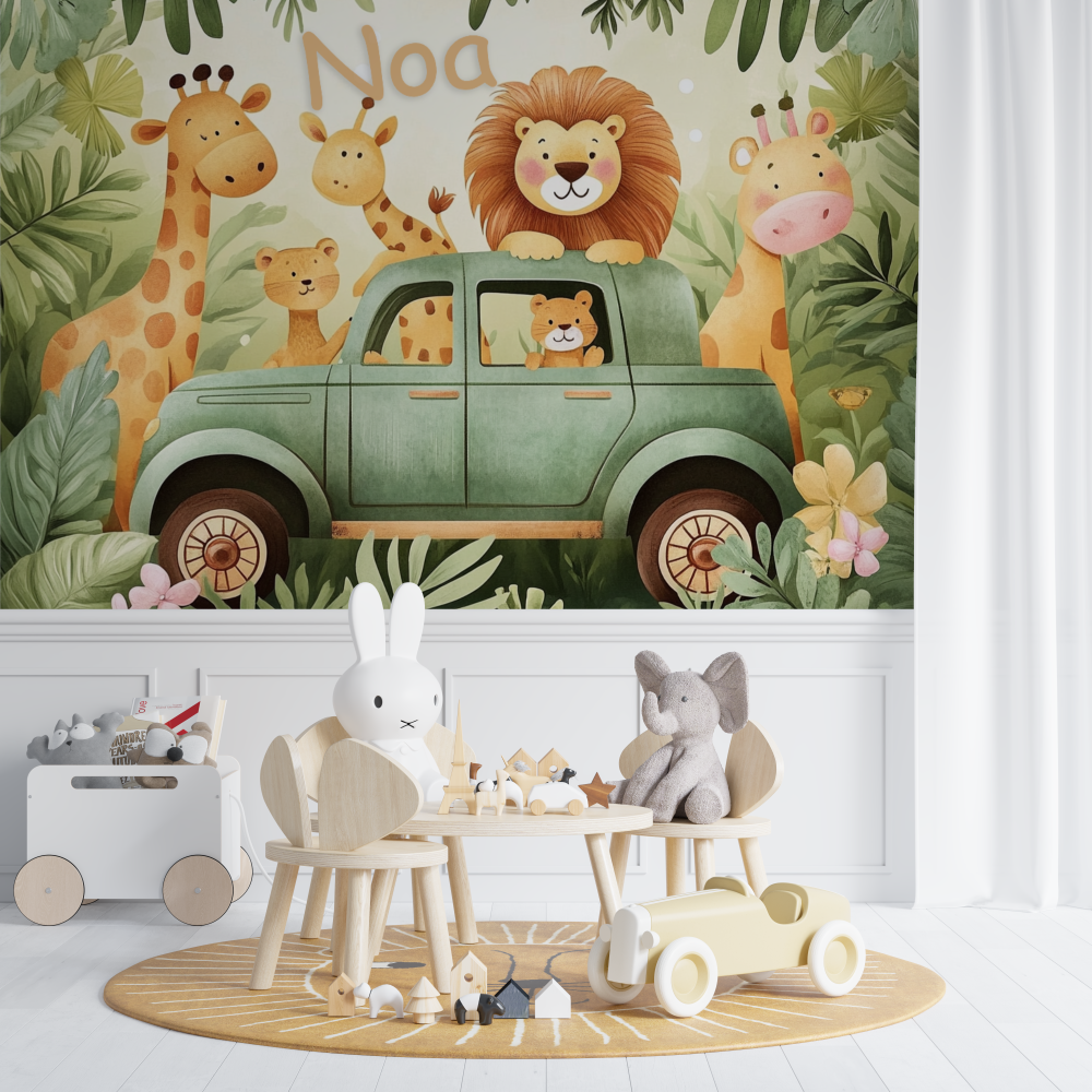 Safari Mural Wallpaper | Jungle Animals Adventure with Vintage Car