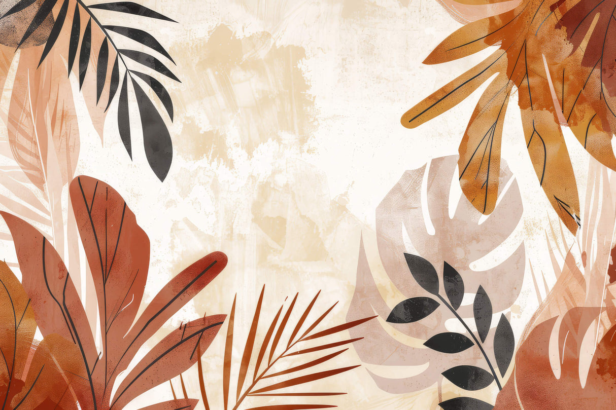 Tropical Mural Wallpaper | Abstract Terracotta and Black Leaves