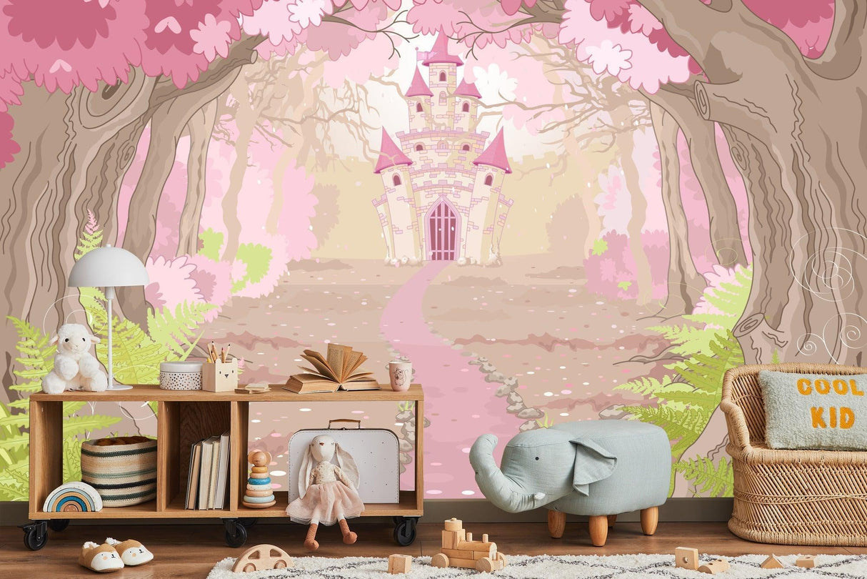 Princess Castle Mural Wallpaper | Enchanted Pink Forest Path