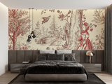 Vintage Mural Wallpaper | Red and Beige Toile de Jouy Forest Scene