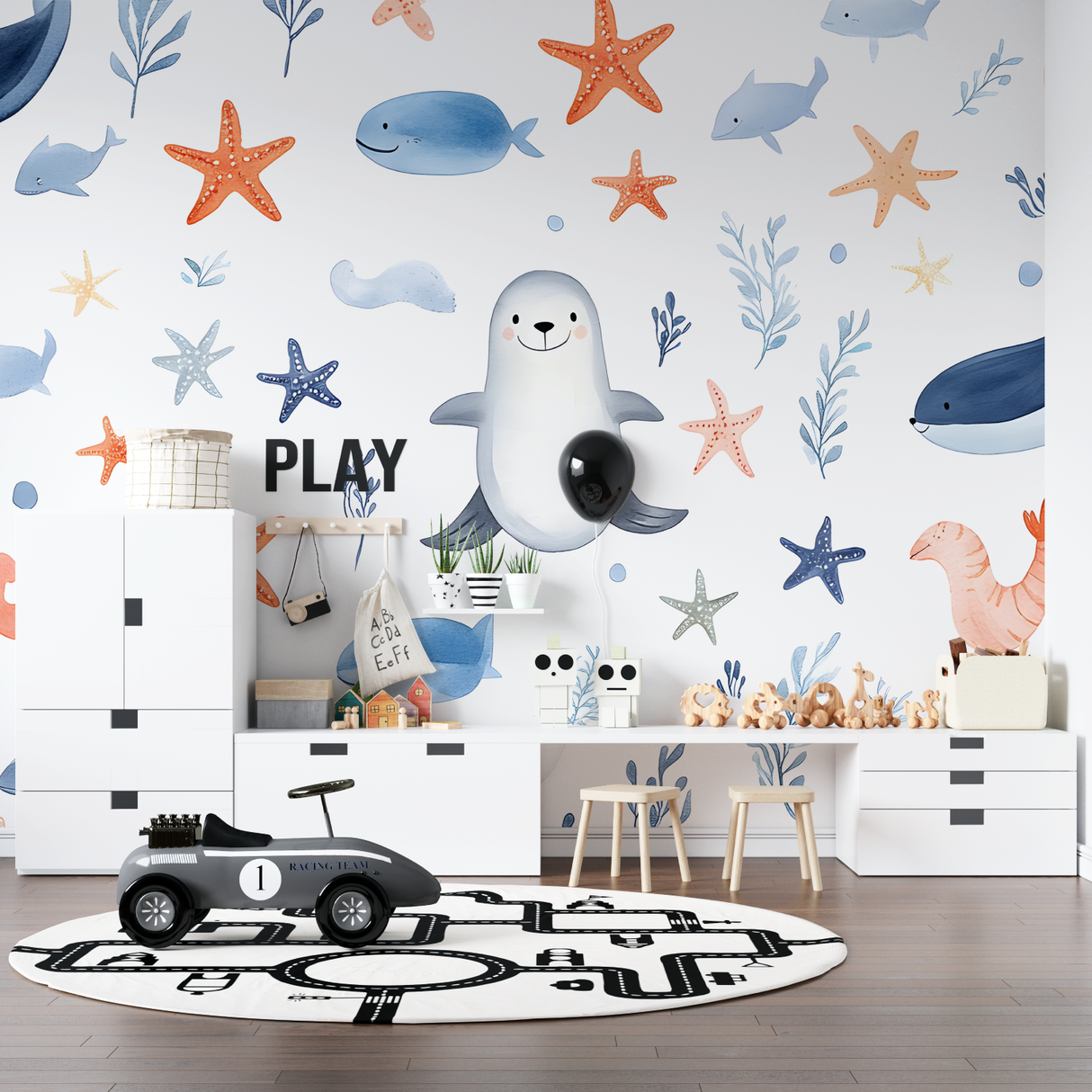 Marine Animals Mural Wallpaper | Whales and Starfish Kids Design