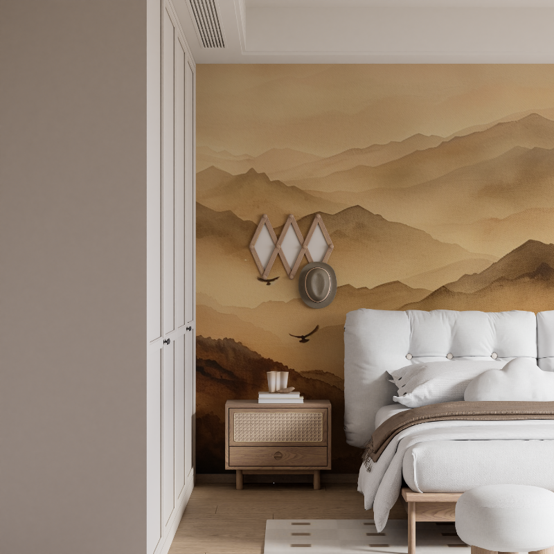 Mountain Mural Wallpaper | Misty Peaks in Terracotta Tones