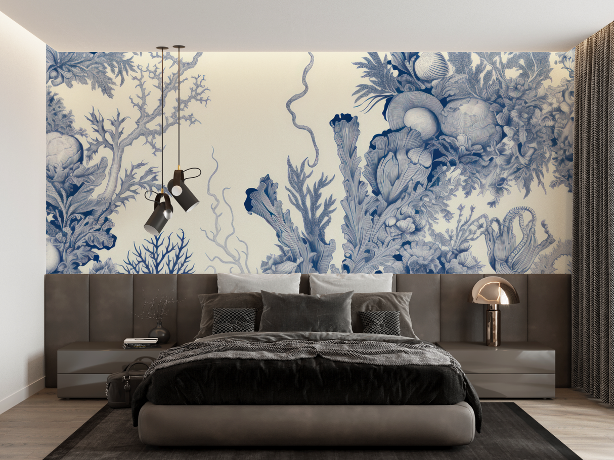 Marine Pattern Mural Wallpaper | Blue Toile de Jouy Design