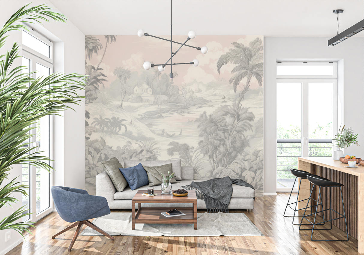 Tropical Mural Wallpaper | Vintage Palm Trees Landscape in Beige