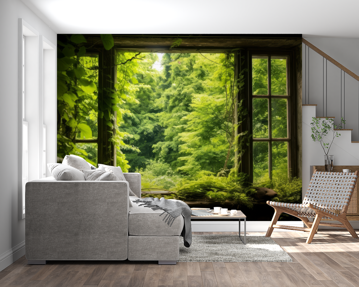 Forest Window Mural Wallpaper | Enchanted Green View