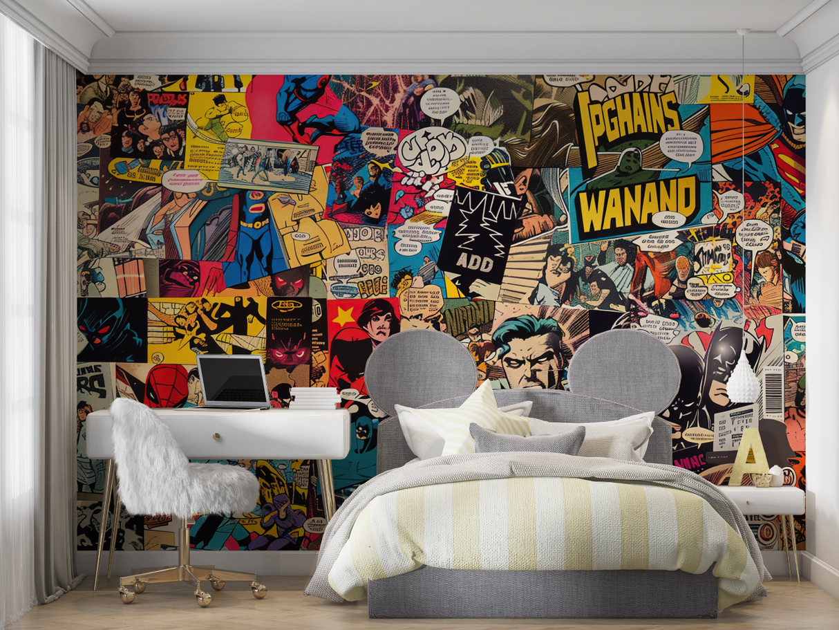 Comic Book Mural Wallpaper | Retro Superhero Collage Design