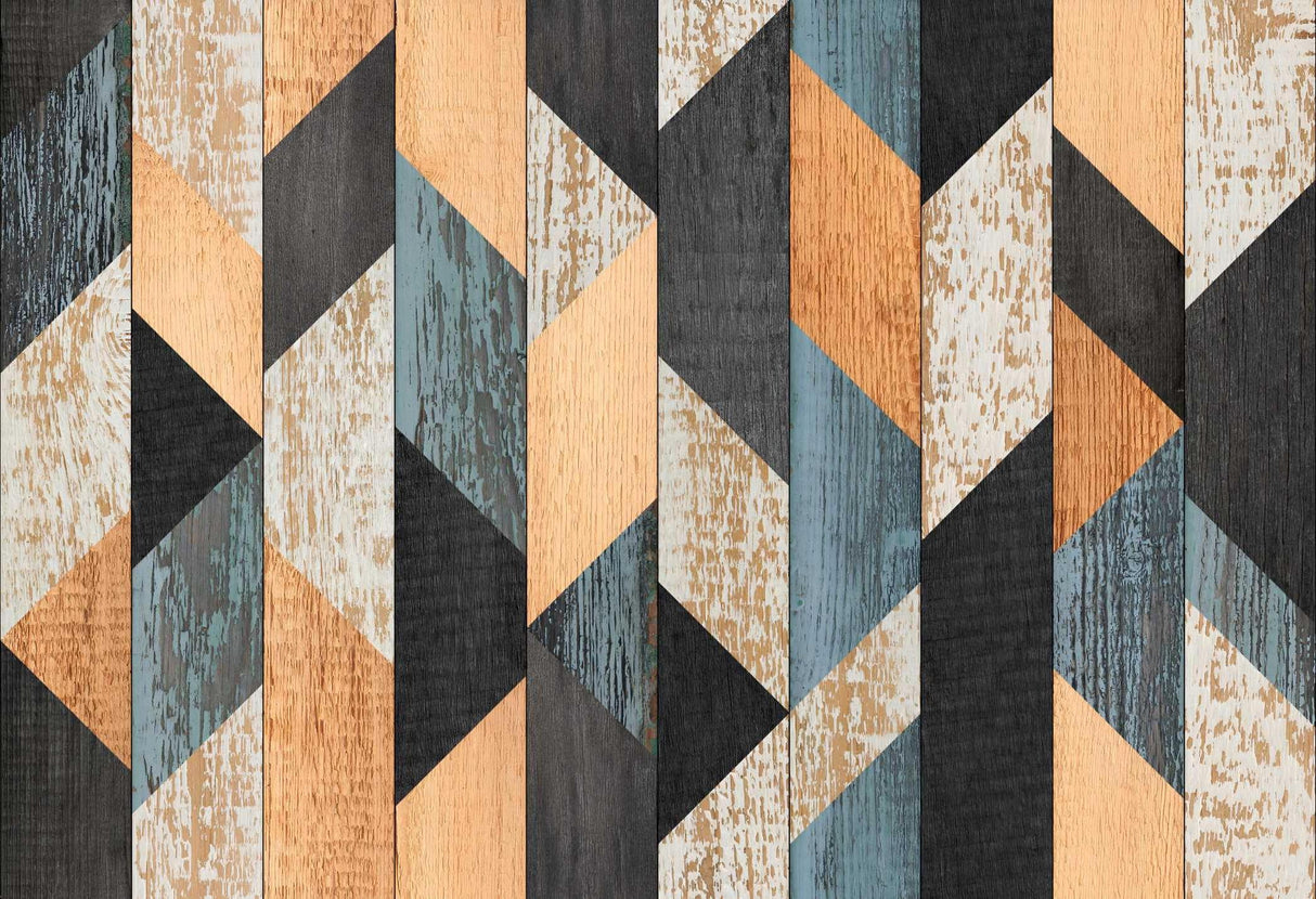 Geometric Mural Wallpaper | Modern Wood Pattern in Blue and Beige