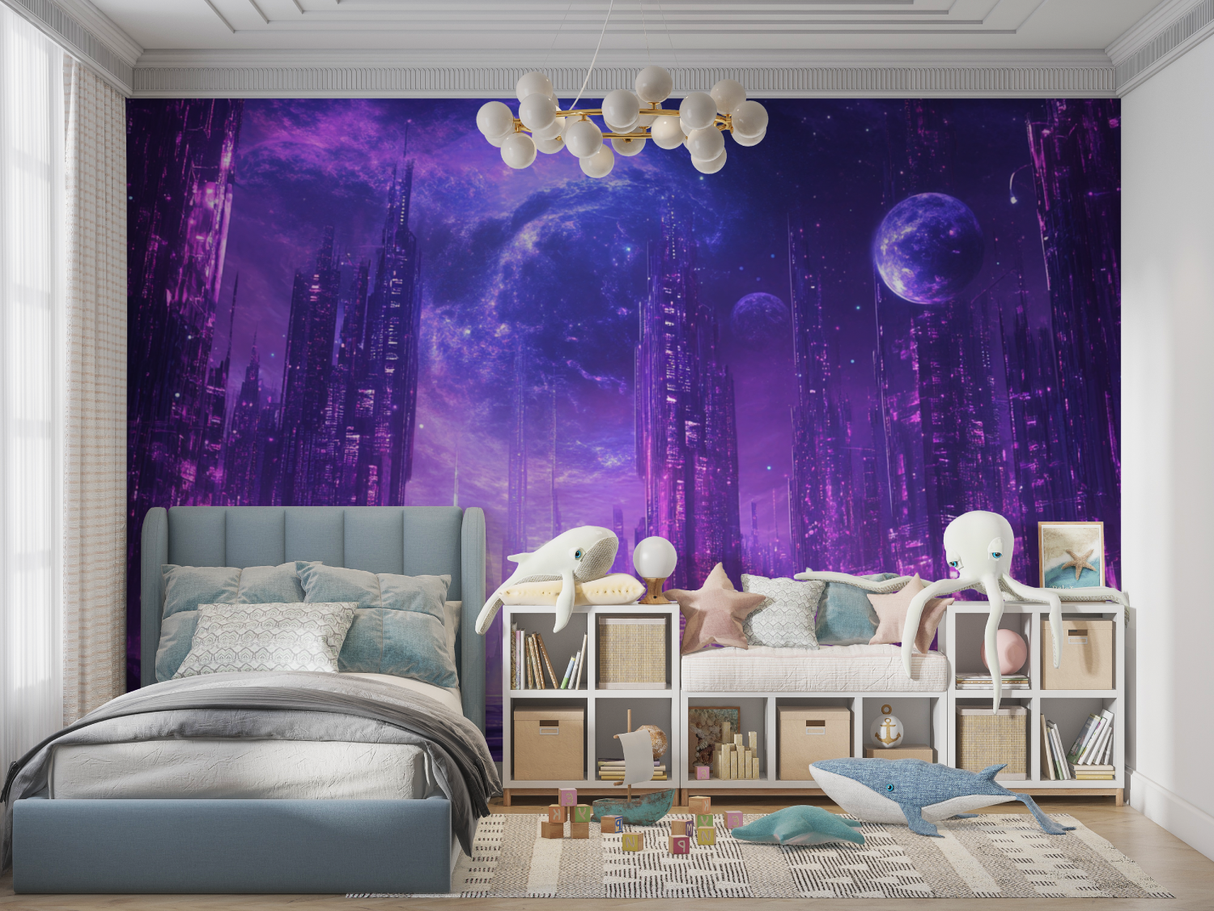 Futuristic Mural Wallpaper | Purple Cyberpunk City Galaxy