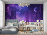 Futuristic Mural Wallpaper | Purple Cyberpunk City Galaxy