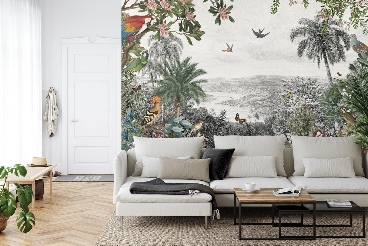 Tropical Paradise Mural Wallpaper | Vintage Birds and Butterflies Design