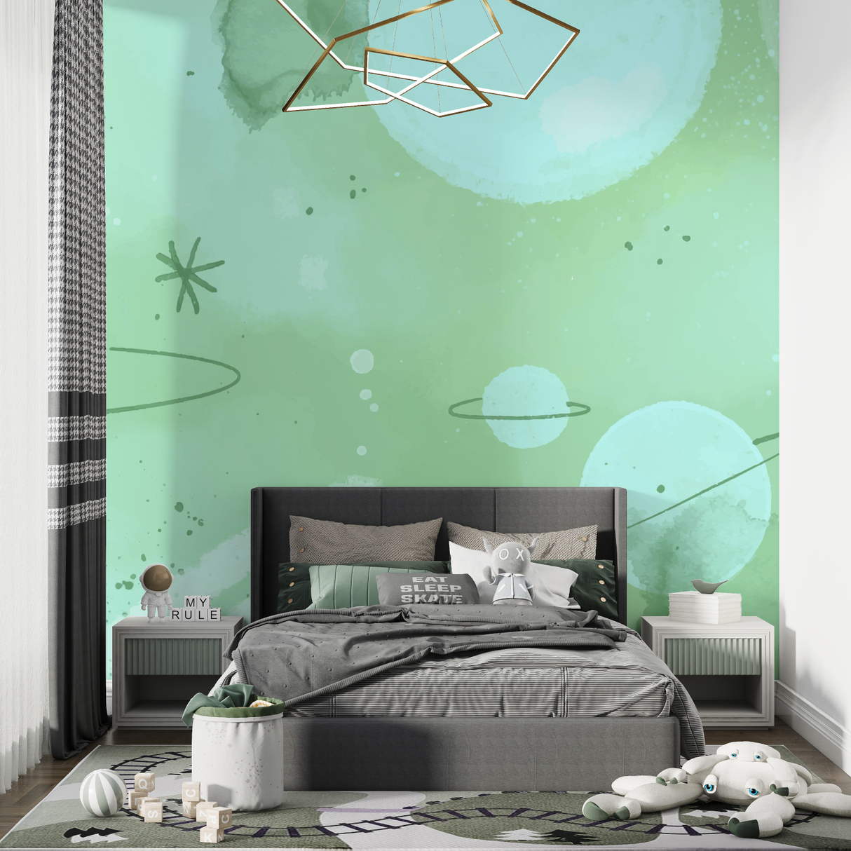 Space Mural Wallpaper | Mint Green Galaxy Design