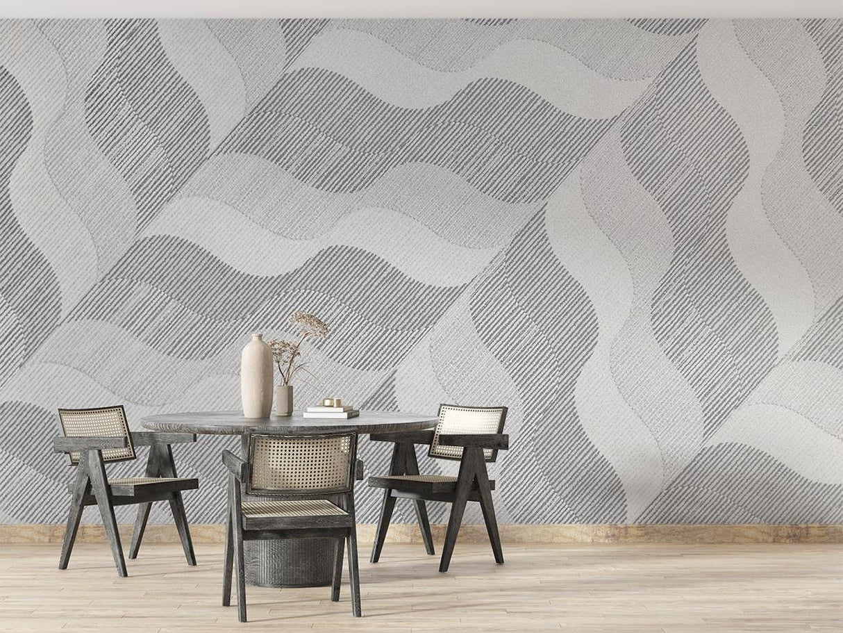 Abstract Mural Wallpaper | Wavy Geometric Grey Design