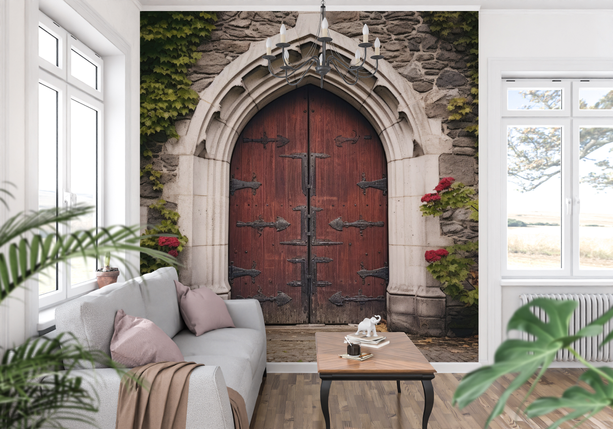 Gothic Door Mural Wallpaper | Ancient Stone Arch with Red Wood