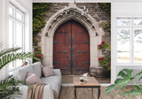 Gothic Door Mural Wallpaper | Ancient Stone Arch with Red Wood