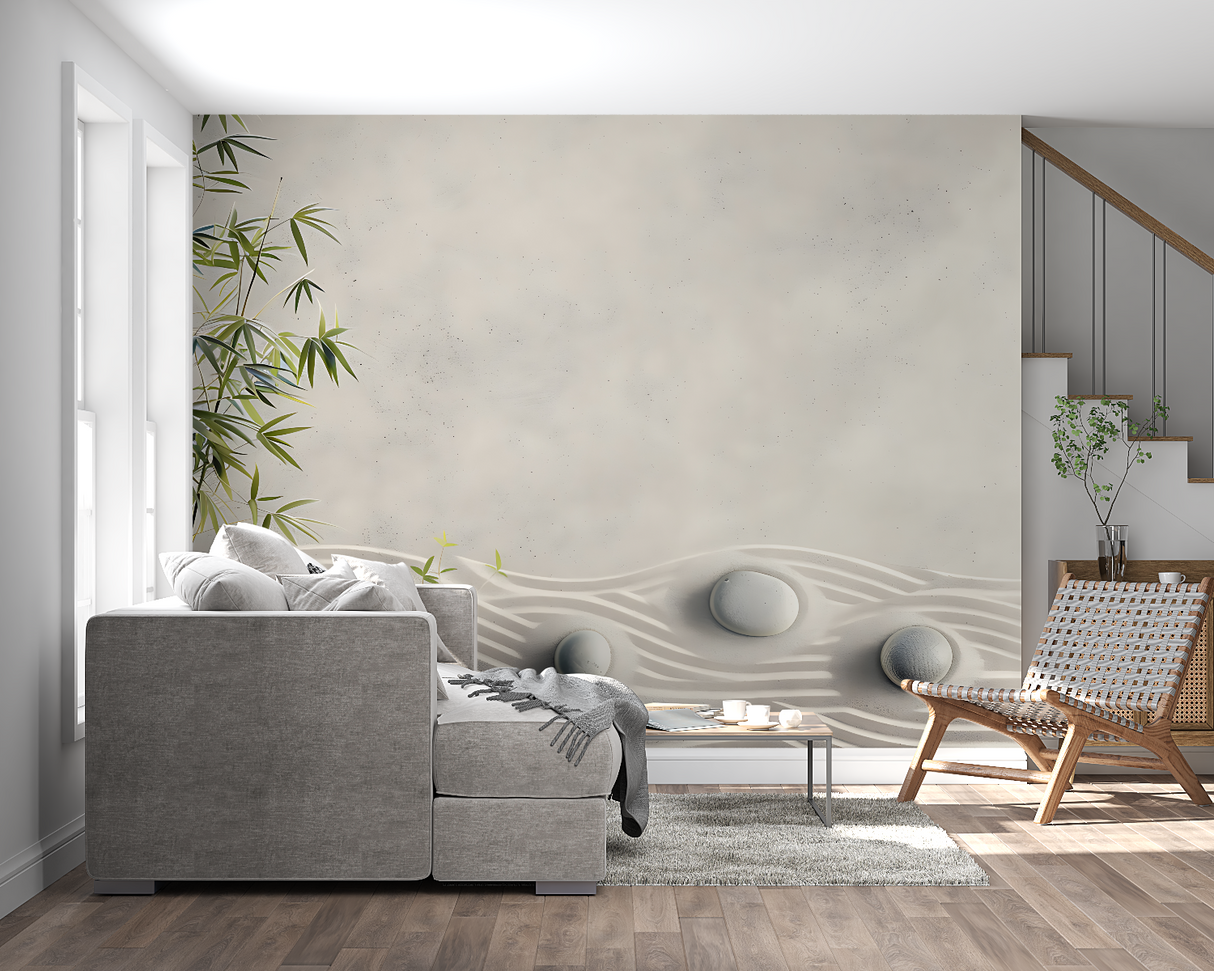 Bamboo Mural Wallpaper | Zen Garden with Stone Waves