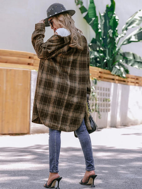 Plaid Wool Blend Long Coat  Classic Brown Checkered Pattern - Product detail 5