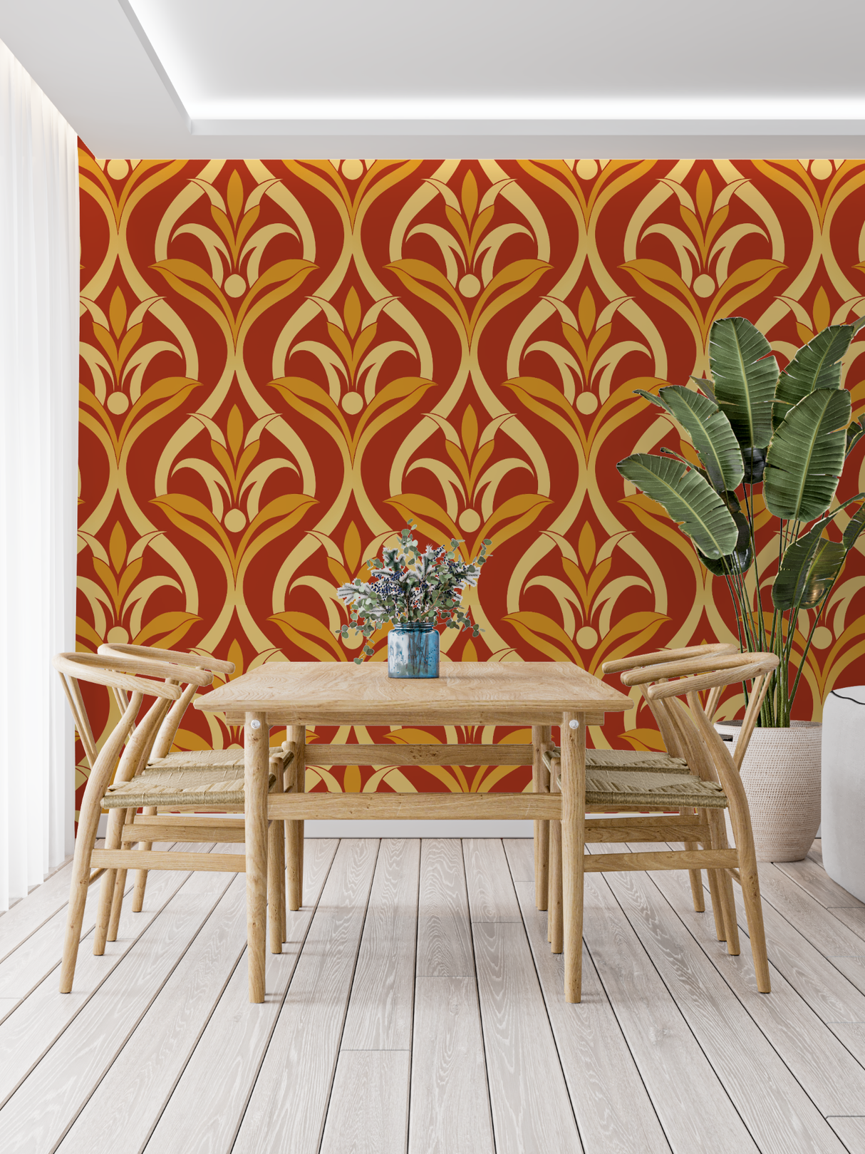 Art Nouveau Mural Wallpaper | Terracotta and Gold Floral Pattern