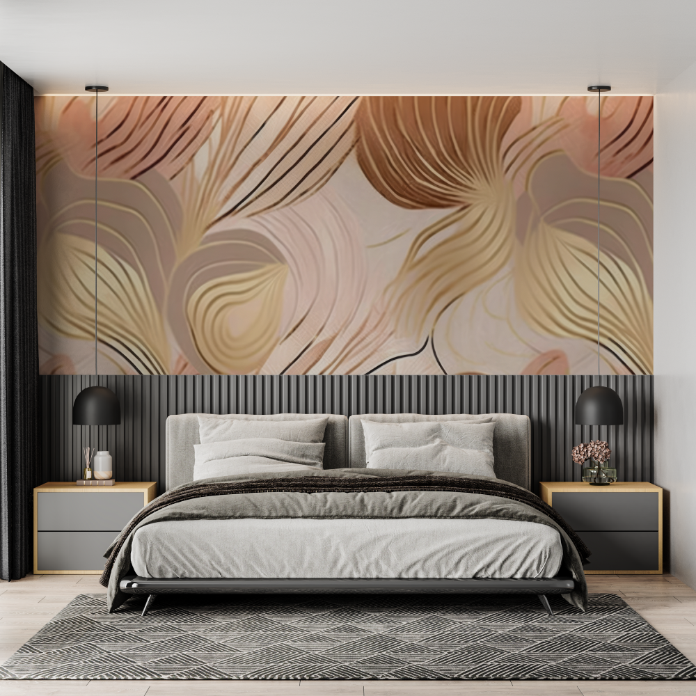 Abstract Mural Wallpaper | Golden Waves on Blush Pink