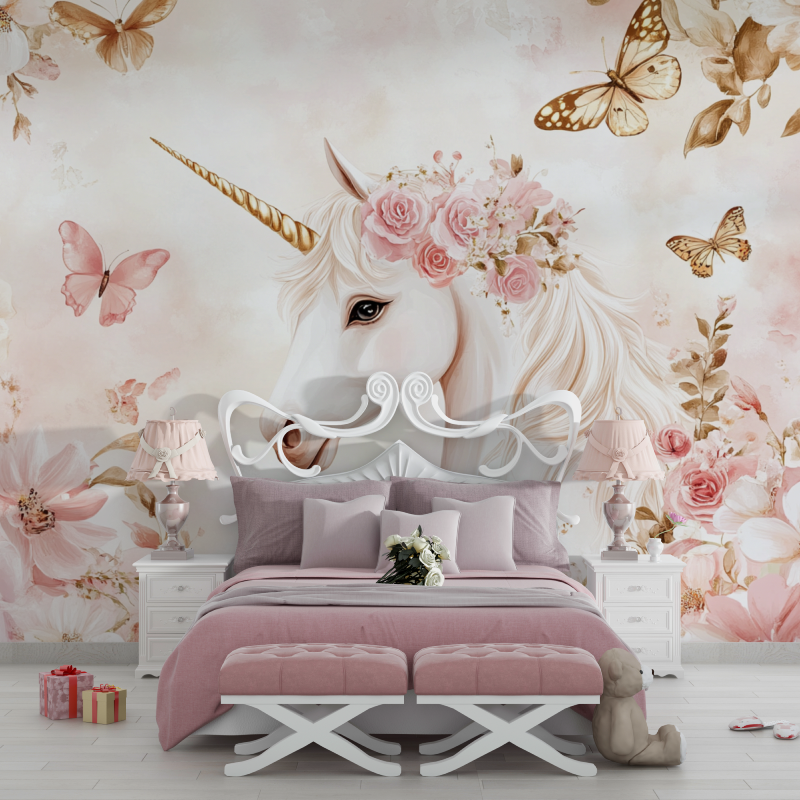 Unicorn Mural Wallpaper | Floral Fantasy with Butterflies