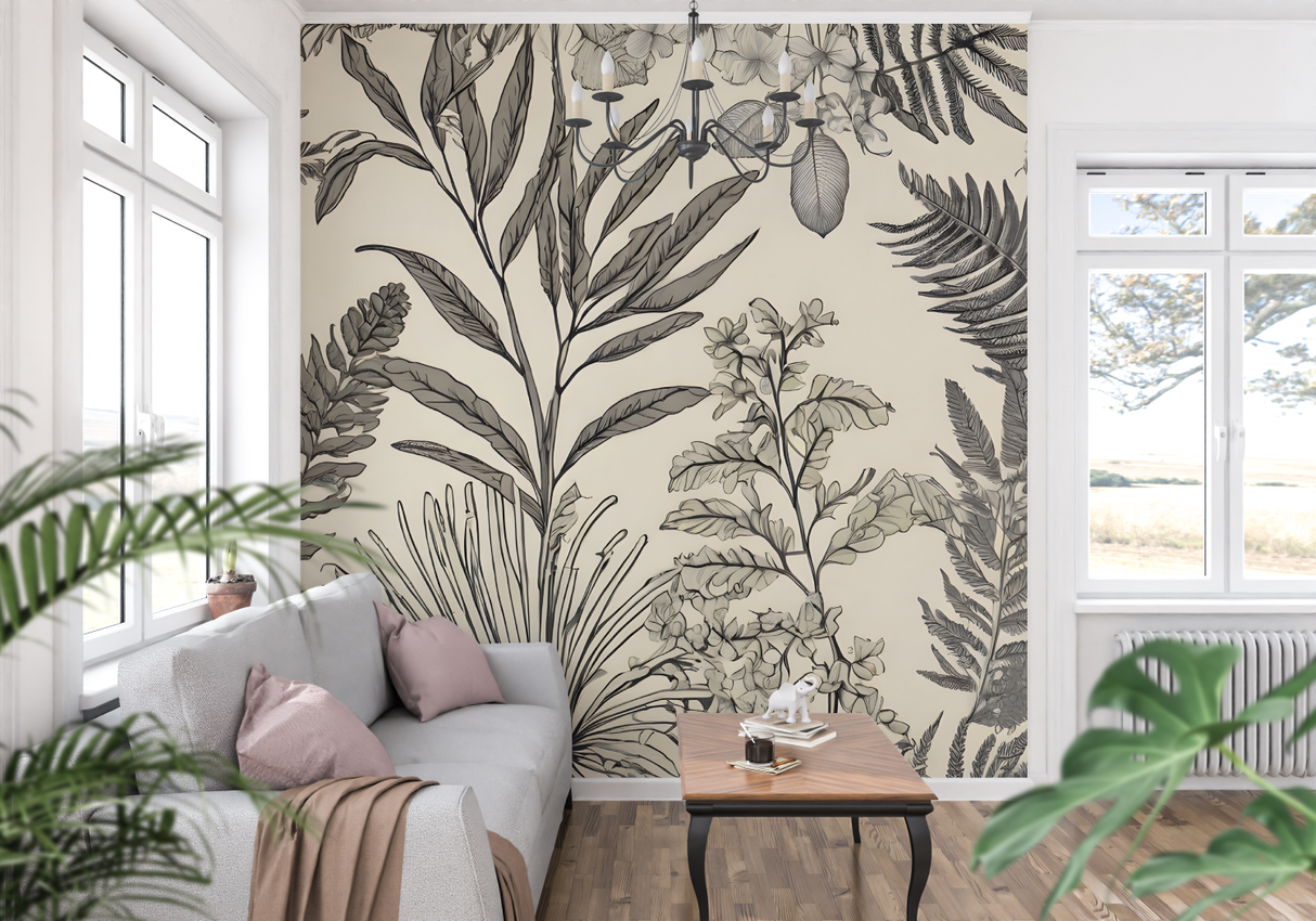 Tropical Foliage Mural Wallpaper | Monochrome Botanical Line Art