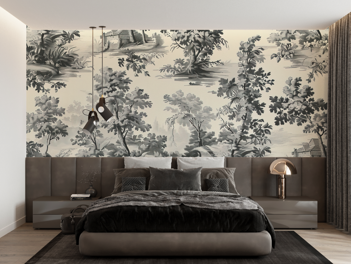 Forest Mural Wallpaper | Vintage Toile de Jouy Scene