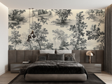 Vintage Mural Wallpaper | Toile de Jouy Grey Botanical Scene