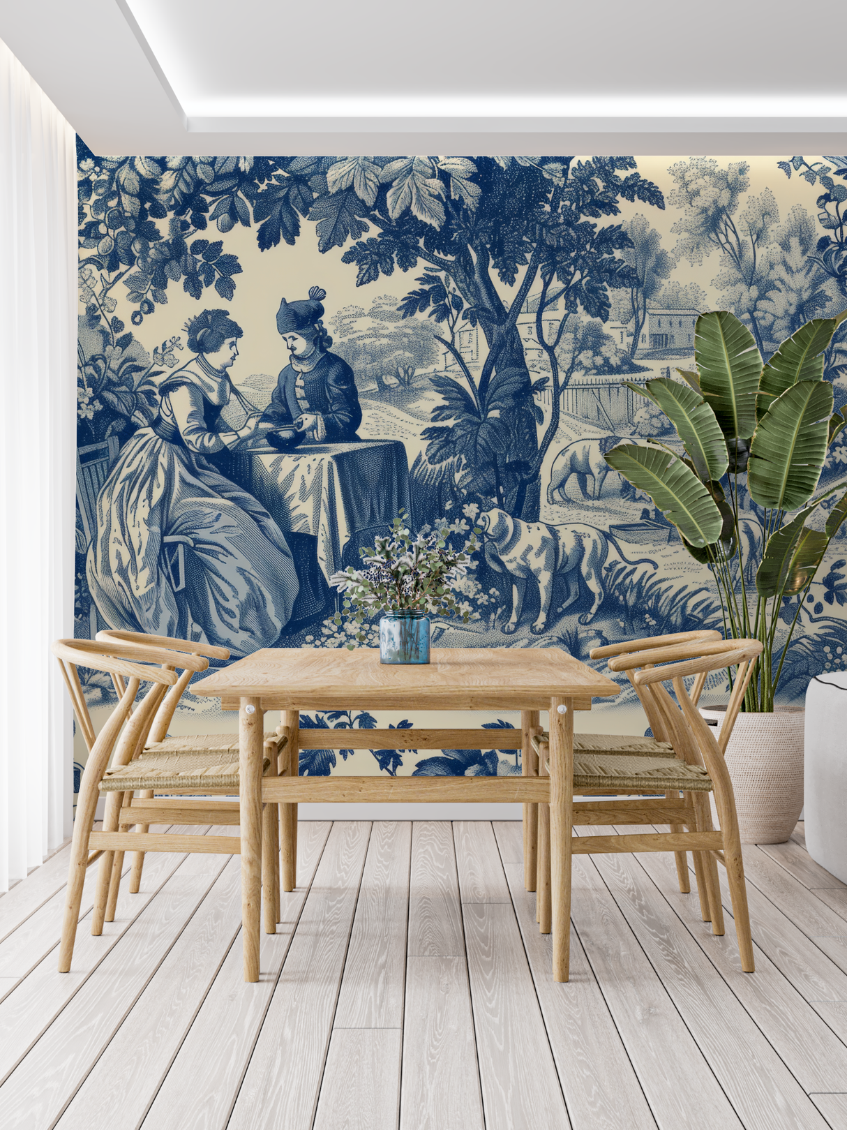 Vintage Mural Wallpaper | Blue and Beige Toile de Jouy Scene